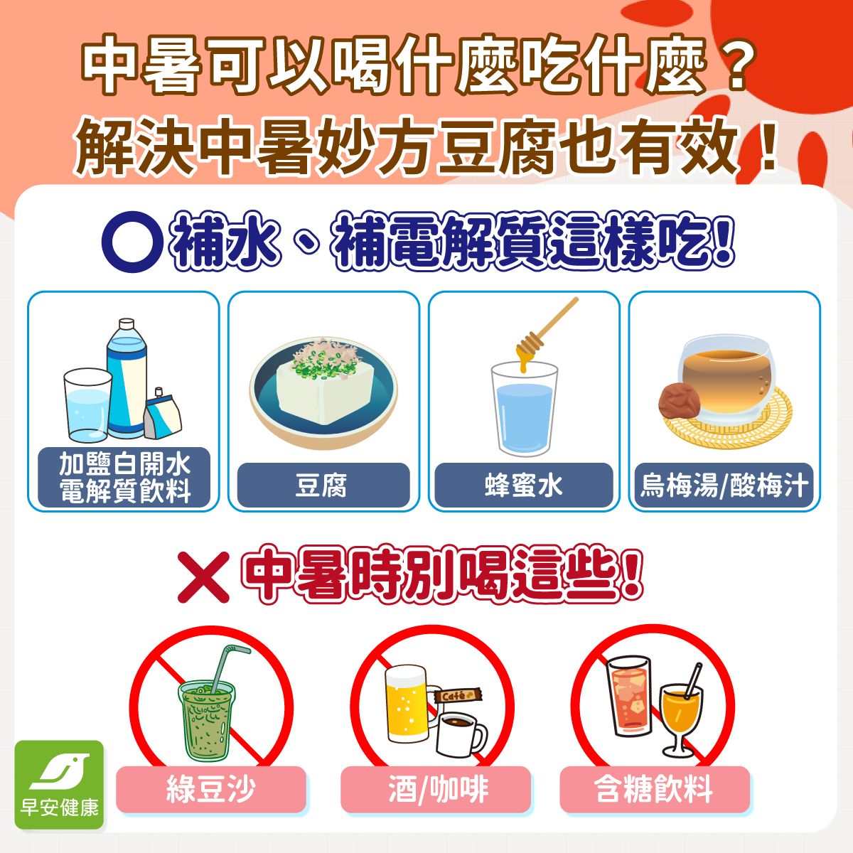 中暑喝什麼吃什麼?解除中暑症狀要幫身體補充水分與電解質,除了電解質飲料以外,也可以選擇豆腐、蜂蜜水來緩解中暑
