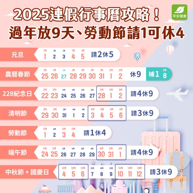 2024-2025連假行事曆：1圖秒懂過年/國定假日/補班超攻略